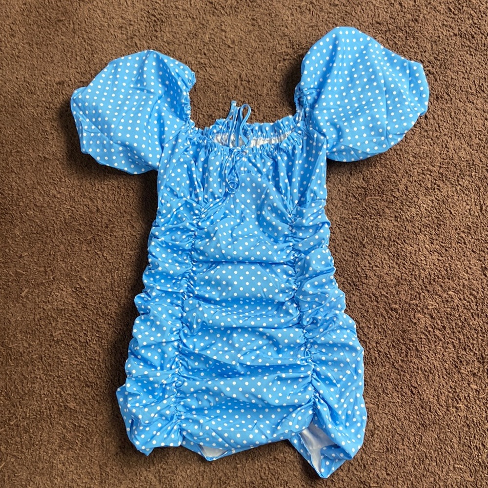 Blue polka dot of the shoulder dress
